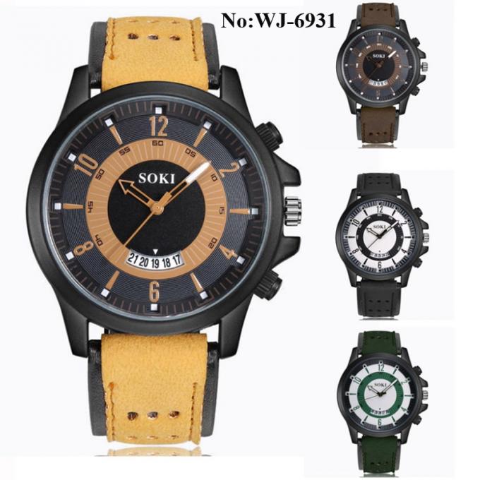 La vente WJ-7967 chaude observe le poignet d'hommes façonner aux hommes en cuir la montre analogue